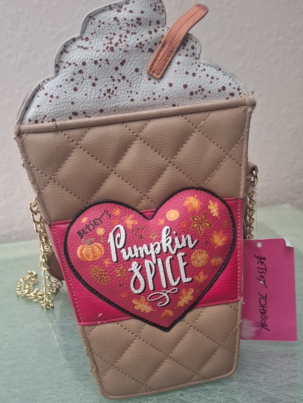 Betsey Johnson Tan and Pink Pumpkin Spice Crossbody Bag